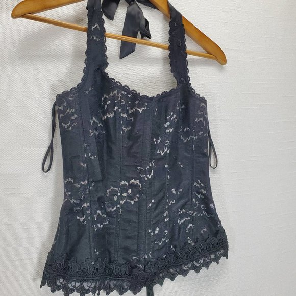 Frederick’s of Hollywood Black/Silver Shimmer Lace Up Corset 34 Bustier Halter - Picture 3 of 10